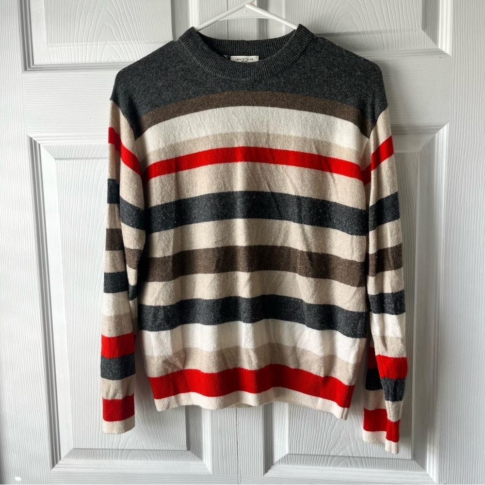 Lafayette 148 Women's Gray/Red Striped Cashmere Sweater Size Sm